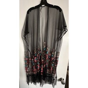 XAMIANI Black Mesh Kimono Duster Embroidered Floral Fringe Boho Festival OS